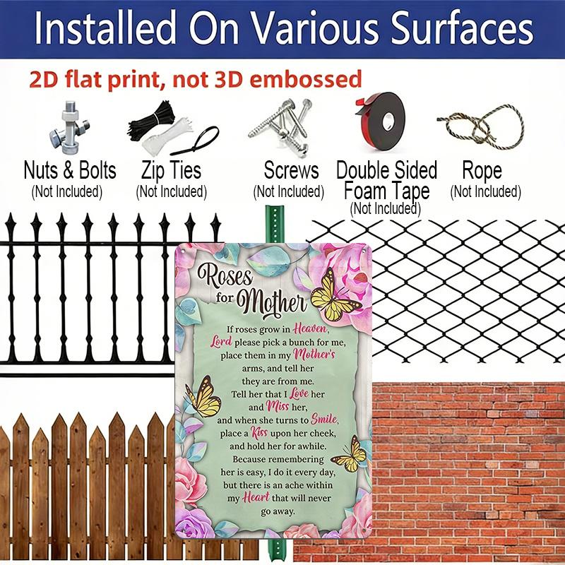 2D Flat, 1pc Memorial Roses Butterfly Metal Wall Art Sign "Roses for Mother" - 8*12 Inch Aluminium Rustic Home Decor, Sympathy Wall Art, Loving