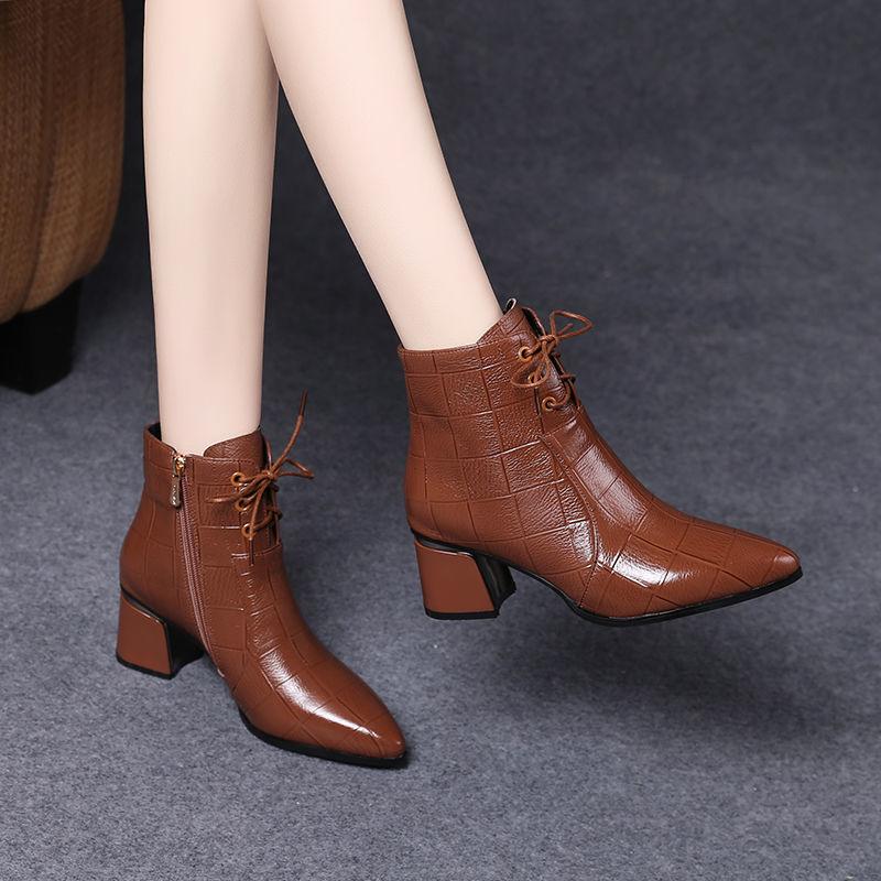 Fashion FHC Women Short Boots,Soft Ankle Botas,Autumn/Winter Shoes,Pointed toe,Thick Heel,Side Zip,Front Laces.Black,Brown,Dropshipping