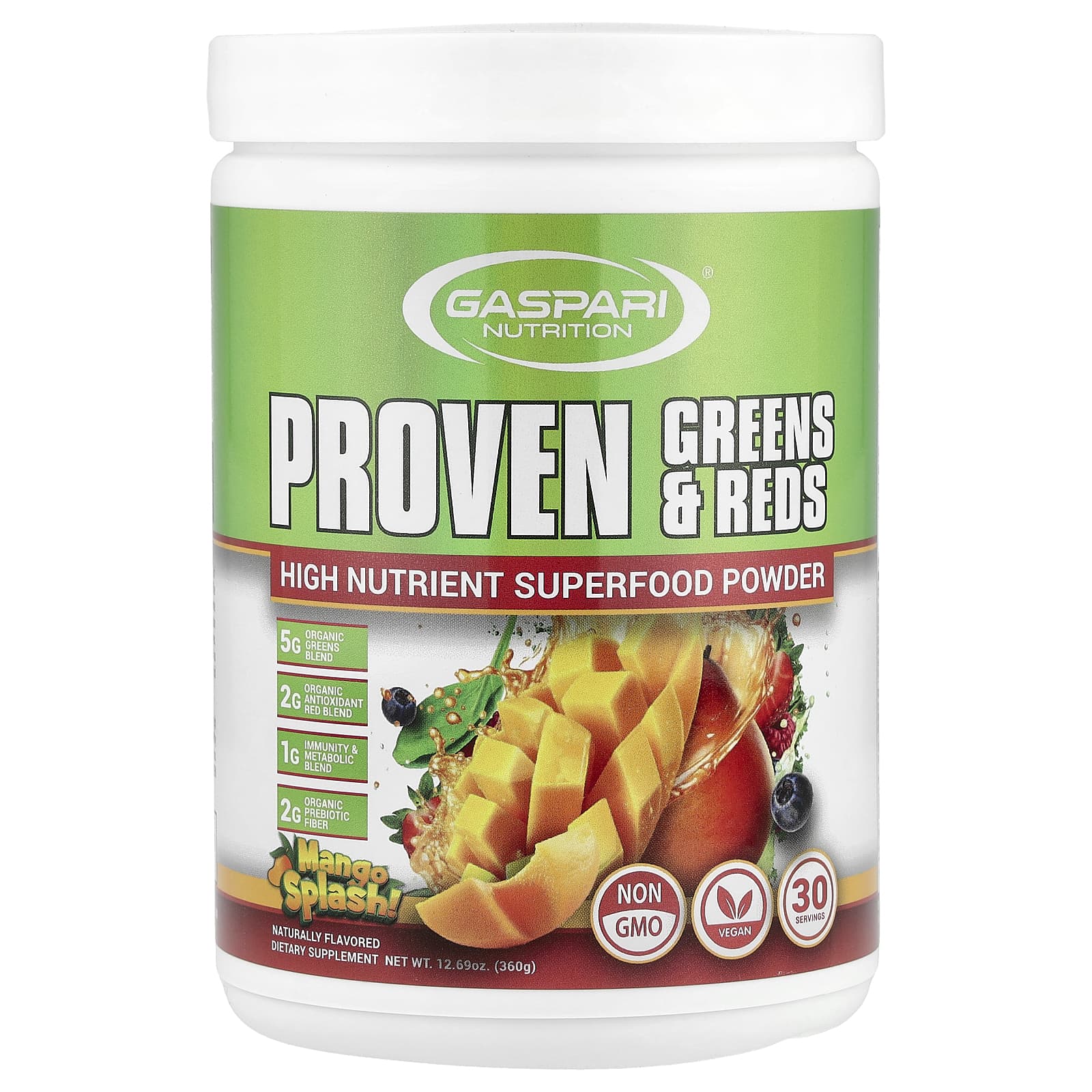 

Gaspari Nutrition, Proven Greens & Reds, Mango Splash, 12.69 oz (360 g)