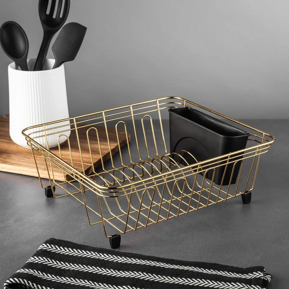 Gold Stainless Steel Dish Rack with Utensil Caddy Modern Kitchen Storage Solution Plates Bowls Drying