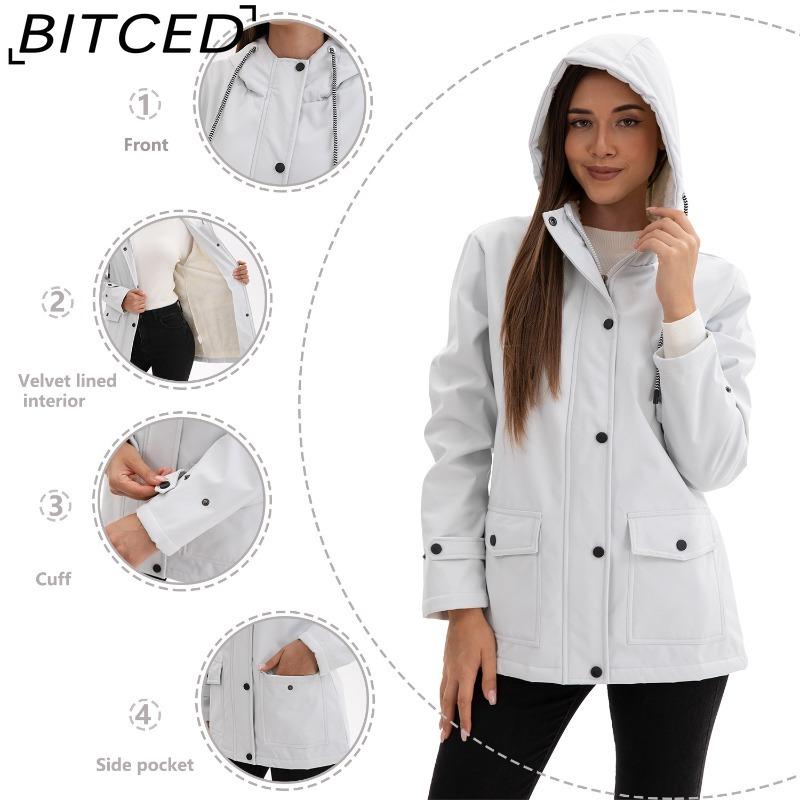 BITCED Women's Spring/Autumn Hooded Trench Coat with Fleece Lining and Water-Repellent Finish Long-Sleeved Zip-Up Cardigan