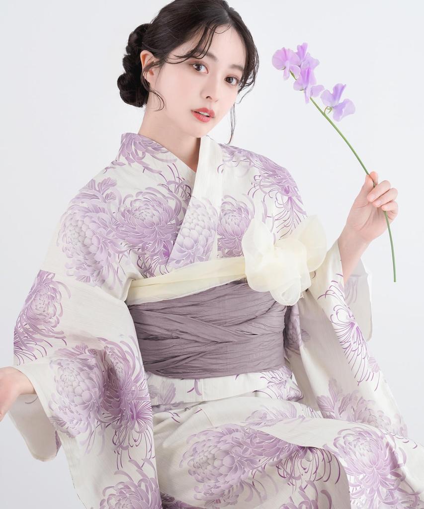 Yukata Unique Set Heiko Petite Heiko for Women Chrysanthemum Free [KYOETSU] [Kyoetsu] Set, Weave, Cream-colored Dress, 3-piece (Yukata, Obi, Obi)