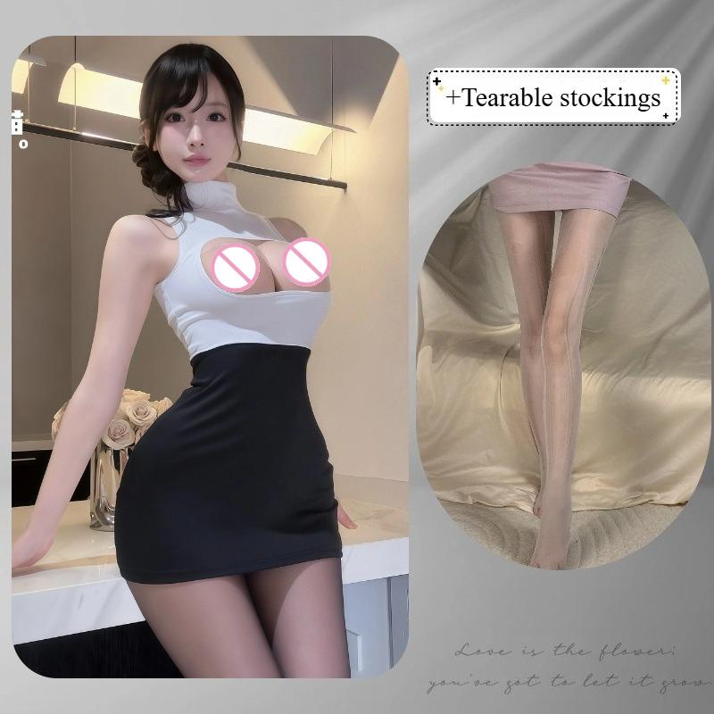 Sexy Secretary Uniform Set with Easy Access Bodycon Mini Skirt Plunge Mock Neck Sizzling Office Erotic Lingerie for Women