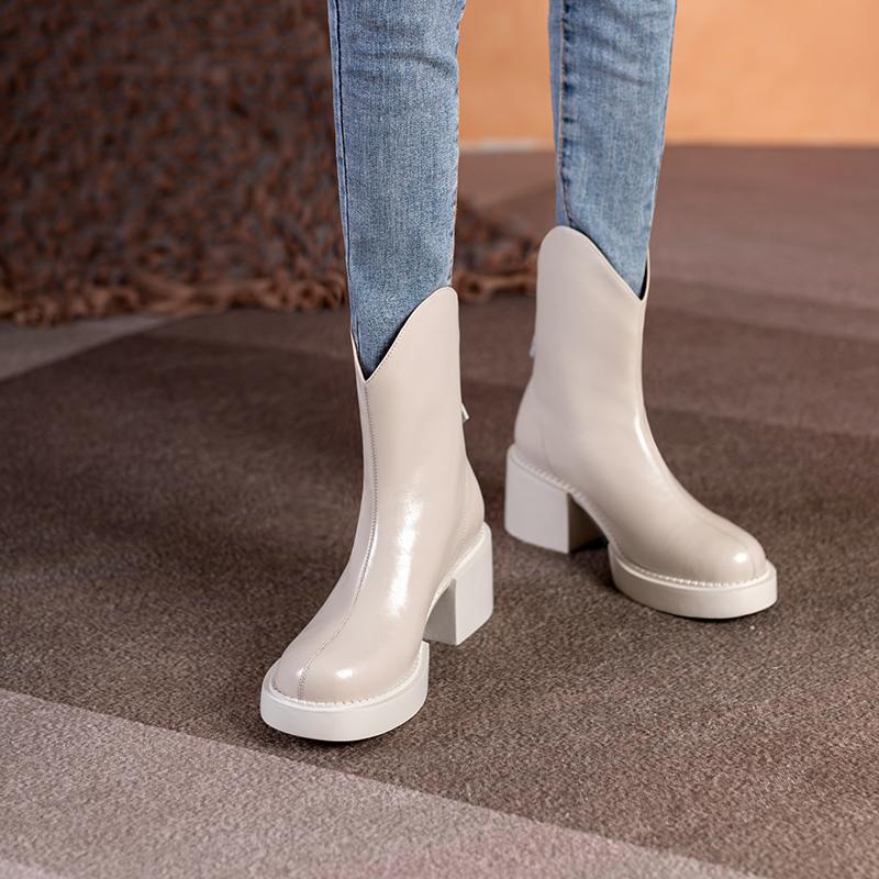 Fashion 2025 Winter New Women Boots Women Shoes Round Toe Square Heel Real Wool Thick Heel Short Boots Solid Color Womens Platform Heels