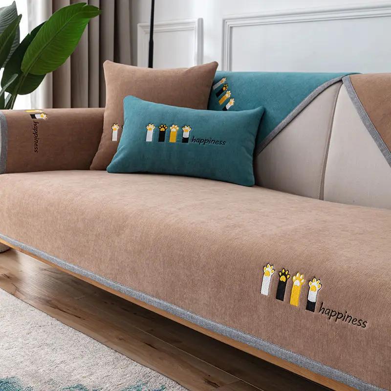 Nordic Cats Prints Sofa Cushion Mat Universal Non-slip Solid Color Sofa Slipcovers for Living Room L Shape Couch Towel Protector