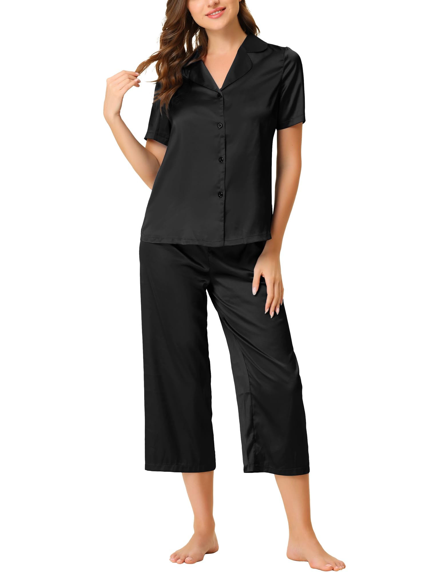 

Cheibear Pajama Short Sleeve Solid Satin Top and Capri Size S Women s Set, Pants, Black, чёрный