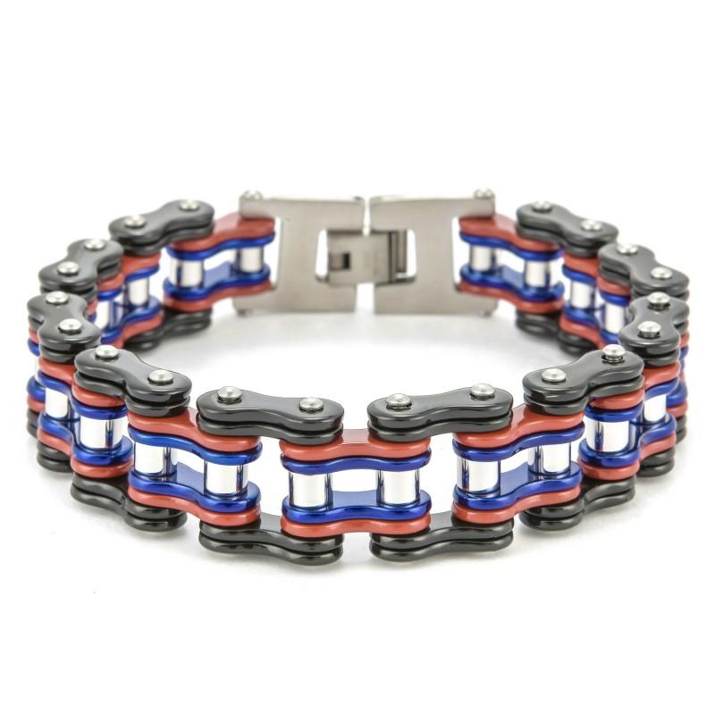 Titanium Steel Cycling Bracelet Men Geometric Biker Chain Style Black With Gold Blue Red Accents Durable Adjustable Wristband