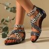 Leopard Print Large Size Low Heel Sandals Summer New Round Toe Open Toe Rhinestone Zipper Women's Shoes