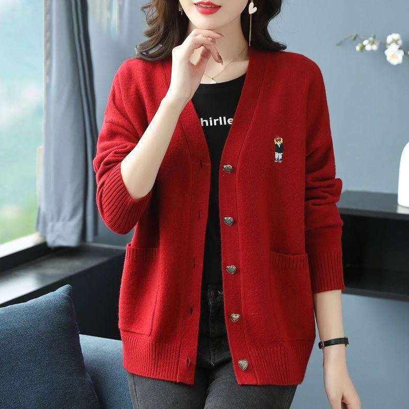 Female Middle Aged Mom Loose Large Size Outer Sweater Knitted Cardigan Coat Women's Autumn and Winter Clothes