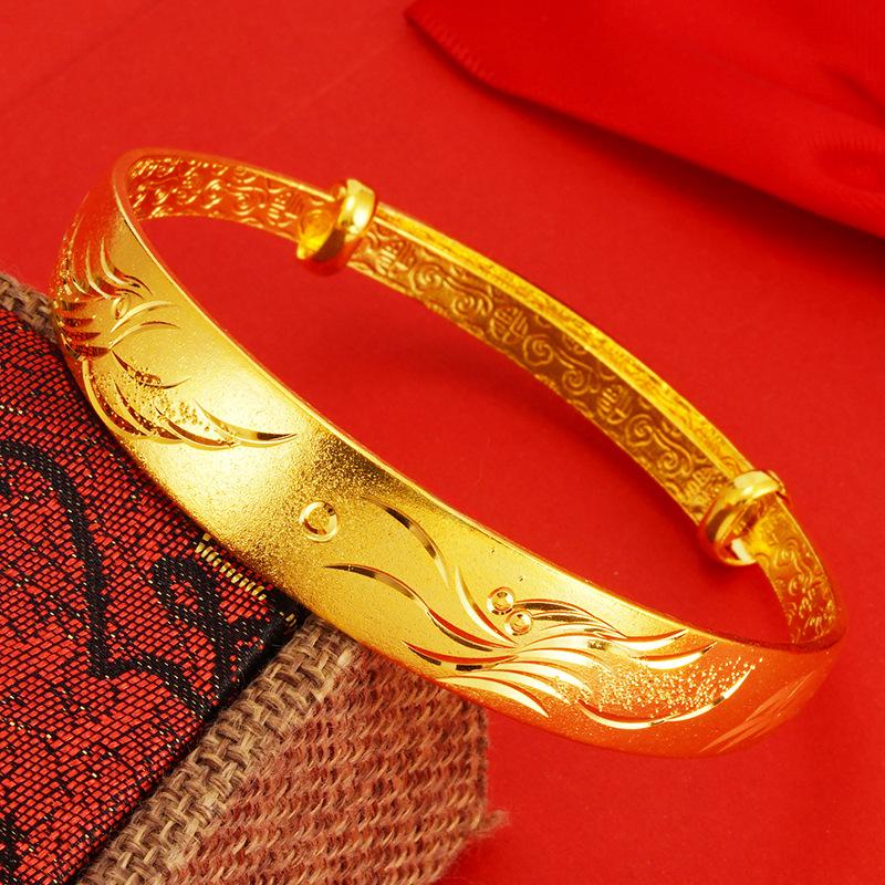 Elegant Dragon & Phoenix Vietnamese Sand Gold Bracelet: Women's 24k Gold-Plated Ancient Coin Flower Design, Adjustable Push-Pull Copper.