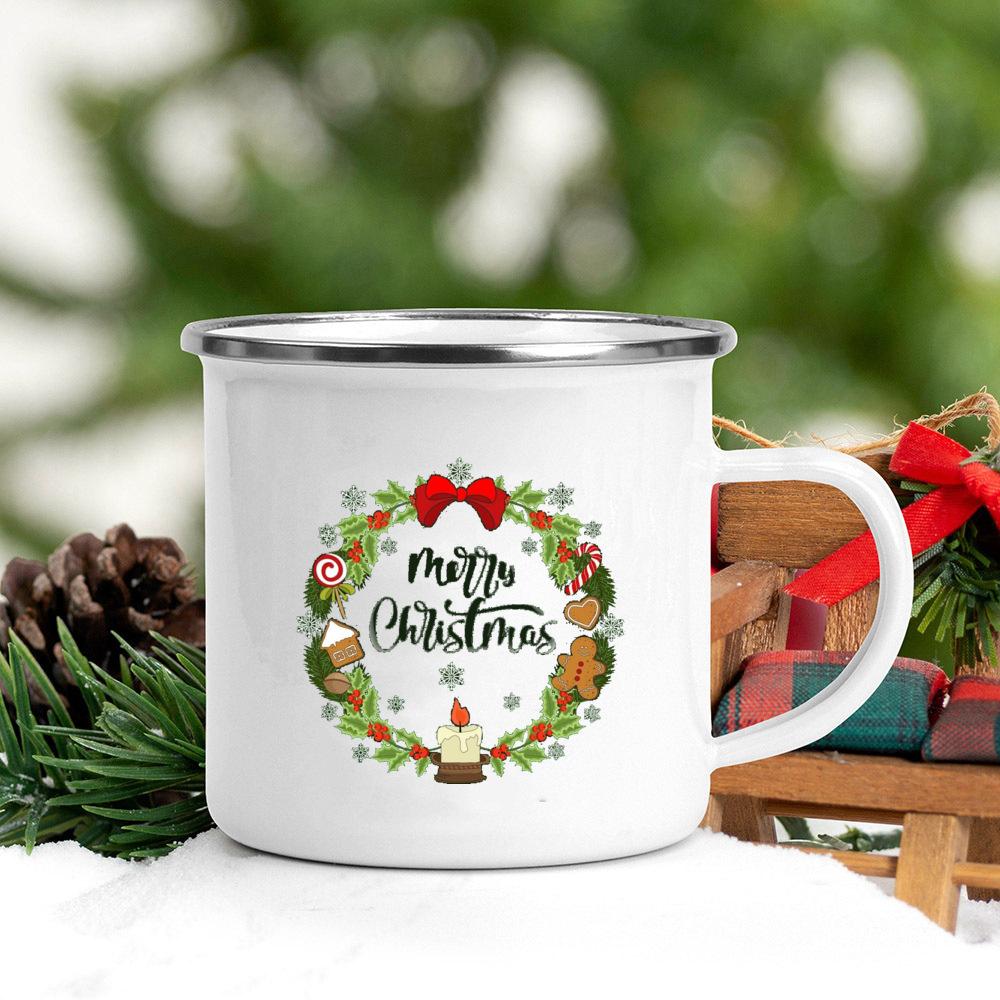 Penguin Deer Santa Printed Coffee Mug Enamel Mugs Children Milk Juice Cup Stocking Stuffing Home Party Decoration New Year Gift