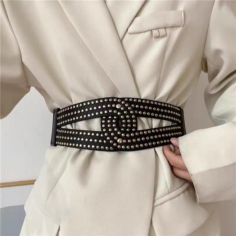 Punk Style Rivet Wide Waist Seal, Dress with Versatile Elastic Elastic Waist Belt for Women