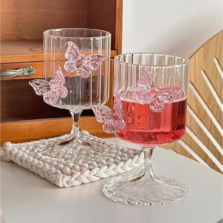 Handcrafted Pink Butterfly Design Glass Cup 250Ml Multipurpose Decorative Jar Drink Cup Great For Office And Home