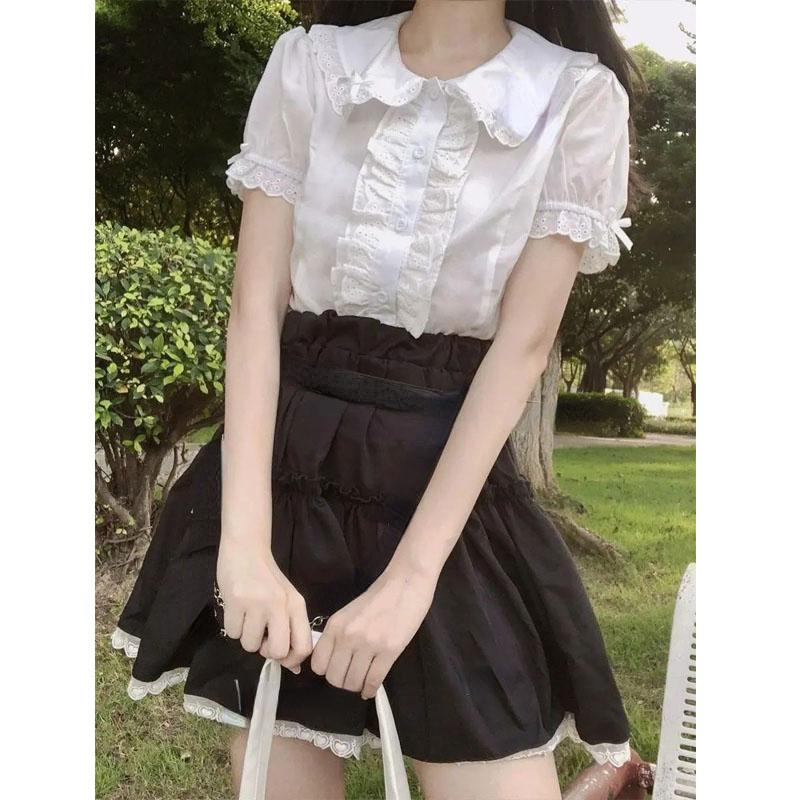 Deeptown Kawaii Lolita Blusen für Damen, weiß, süße Spitzentops, Rüschenhemden, Vintage, Puffärmel, japanischer Preppy-Style, süße Tops