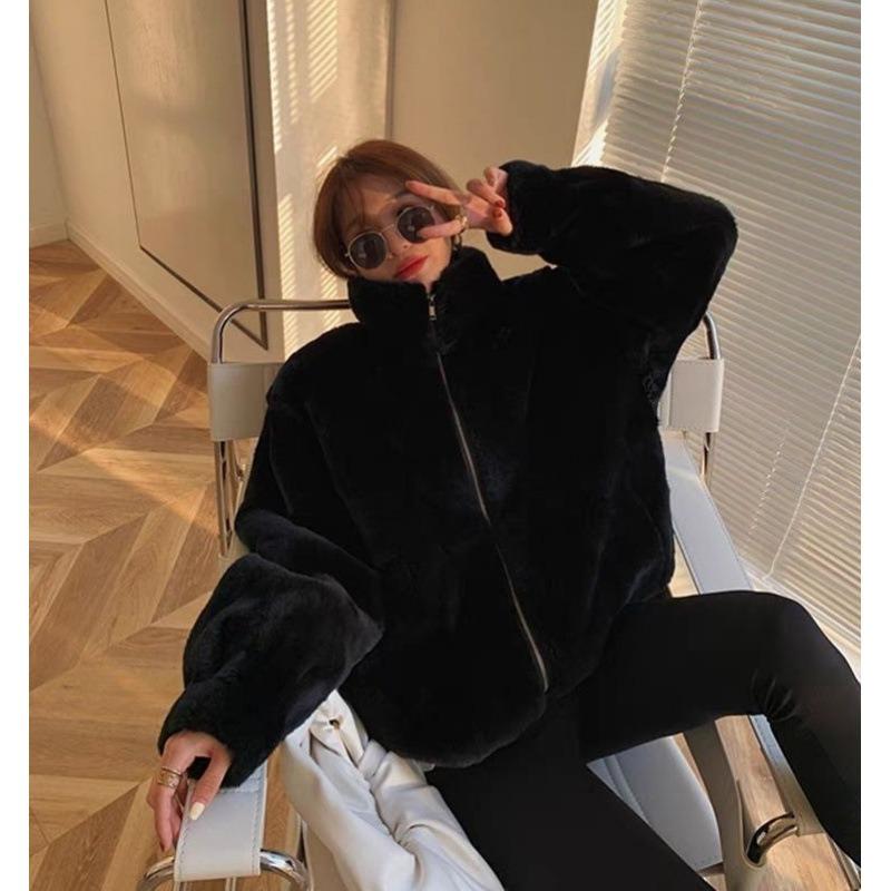 

Новая женская кожаная куртка, имитация кролика рекс, свободная, со стойкой, утолщенная хлопковая куртка, ленивый ветер, плюшевое пальто XXL