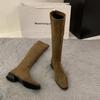 Designer Vintage Women Knee High Boots Fashion Square Low Heel Shoes Concise Slim Long Botas De Mujer