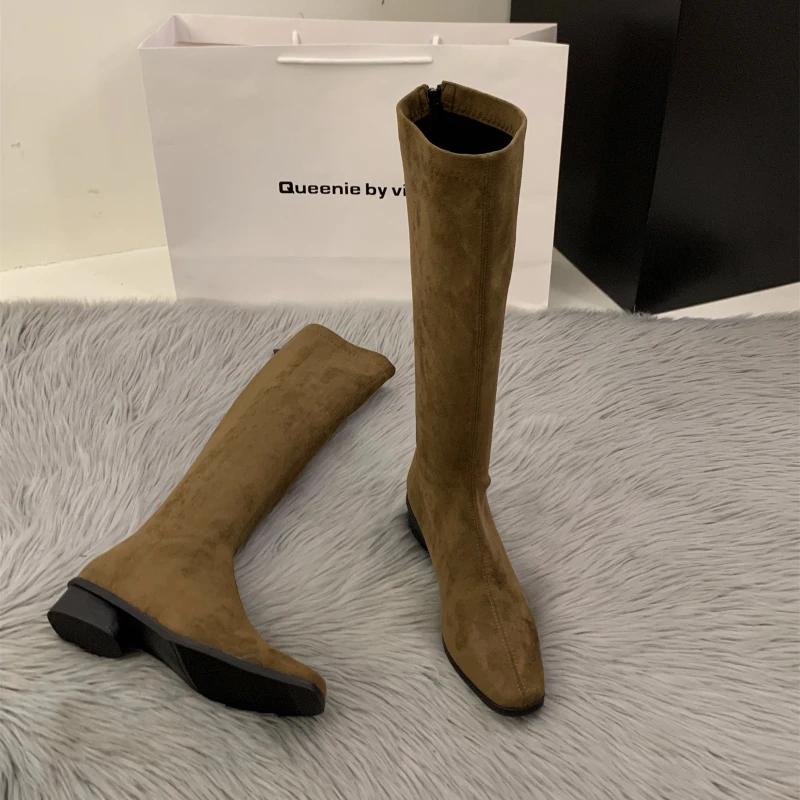 Designer Vintage Women Knee High Boots Fashion Square Low Heel Shoes Concise Slim Long Botas De Mujer