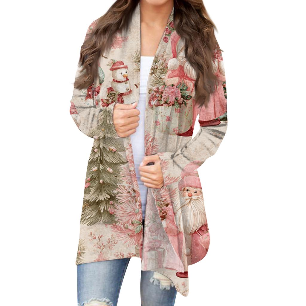 Women's Fashion Christmas Print Jacket Long Sleeve Casual Cardigan Coat