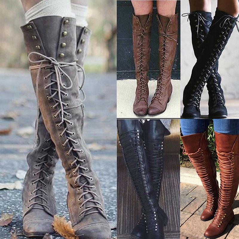 Elegant Womens Over The Knee Lace Up Bandage Thigh High Combat Low Heel Boots Flat Shoes For All-day Comfort