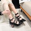 Spring New Coarse Heel Shoes Women Pointed Head Shallow Mouth Rivets Metal Buckle Line Belt High Heels