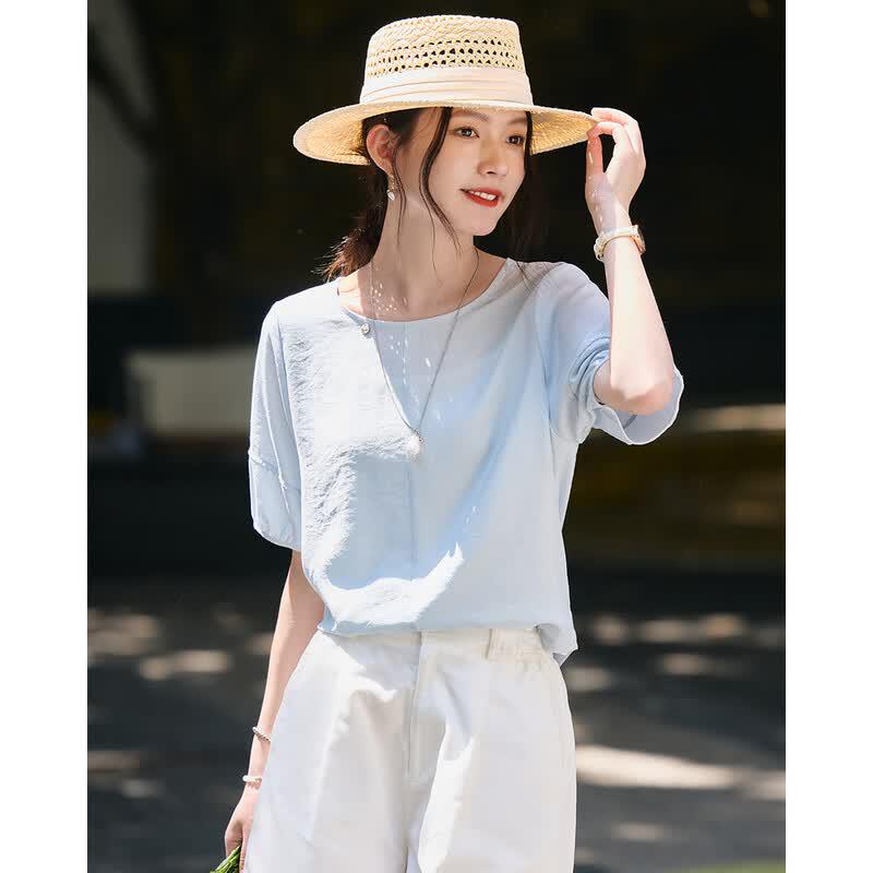 TERRE BLEUE Women's Loose Fit Short Sleeve Casual Shirt