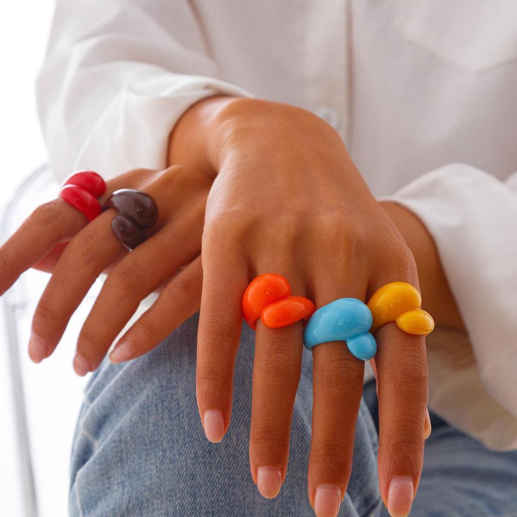 Girls Colorful Plastic Resin Rings Women Sweet Fashion Irregular Double Water Drop Geometric Ring Back To School Students Finger Ring Jewelry KTJ