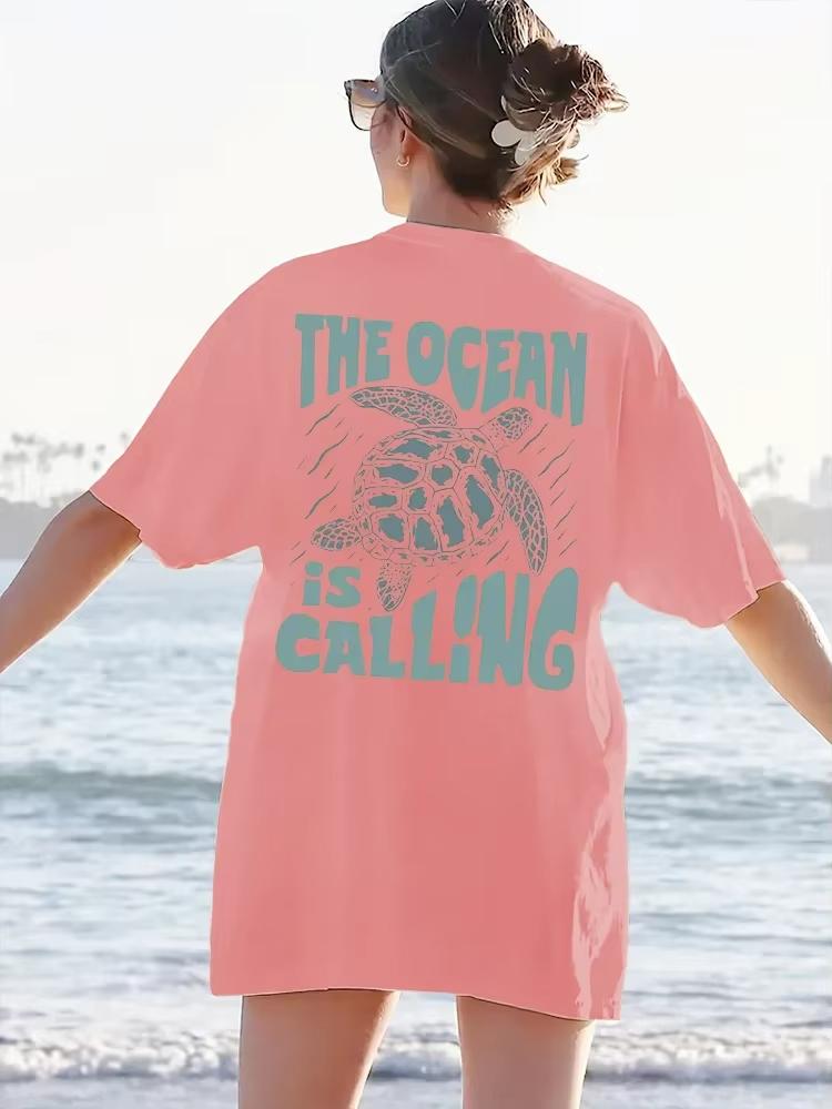 

2025 New Cute Turtle Letter Printed T-shirt Summer Short Sleeved Round Neck Casual Cotton Women s Fashion Oversized Tops S