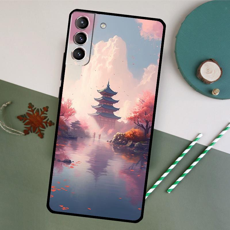 Japanese Art Temple Sakura Case For Samsung Galaxy S23 Ultra S8 S9 S10 S22 Plus Note 10 20 Ultra S20 FE S21 FE Cover