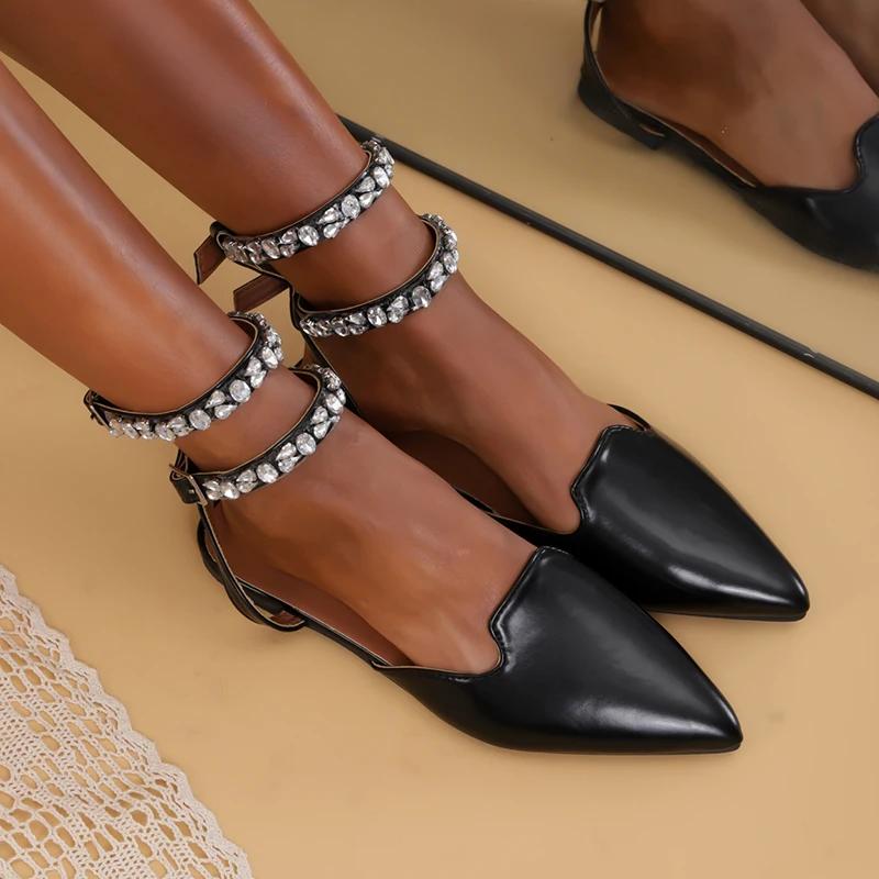 Fashion Rhinestone Ankle Strap Flat Heel Sandals Women Sexy Pointed Toe Gladiator Sandls Woman 2025 Summer Buckle Party Shoes Plus Size