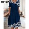 GMXIA 30 Color Pleated Midi Dress Short Sleeve Round Neck Loose Hem Mid-Calf Length Women Floral A-Line Party Dress Casual Wear