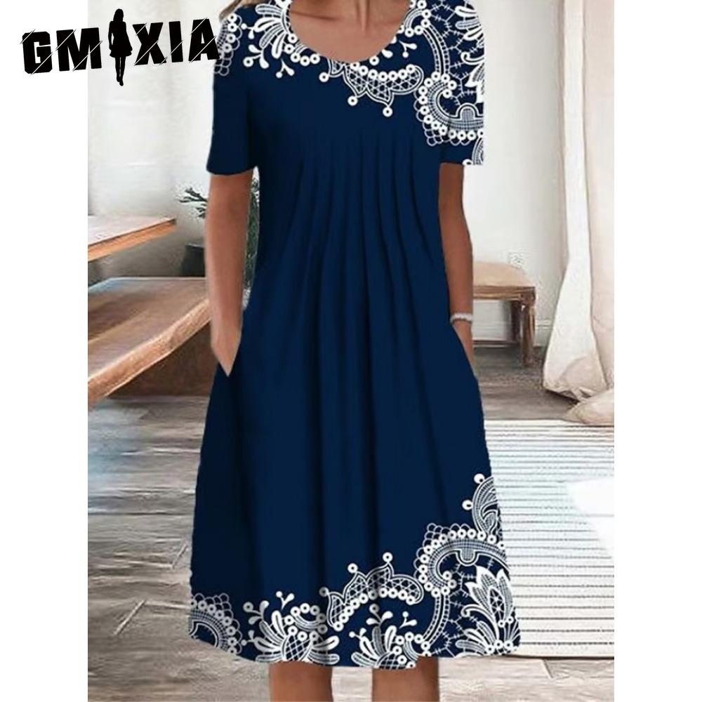 GMXIA 30 Color Pleated Midi Dress Short Sleeve Round Neck Loose Hem Mid-Calf Length Women Floral A-Line Party Dress Casual Wear