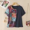 ZANZEA Women Ethnic Print Patchwork Summer Short Sleeve Cotton Tee Shirt Tops