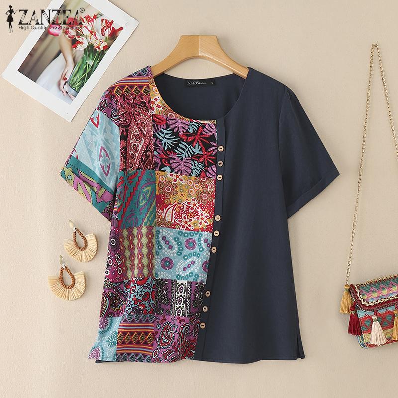 ZANZEA Women Ethnic Print Patchwork Summer Short Sleeve Cotton Tee Shirt Tops