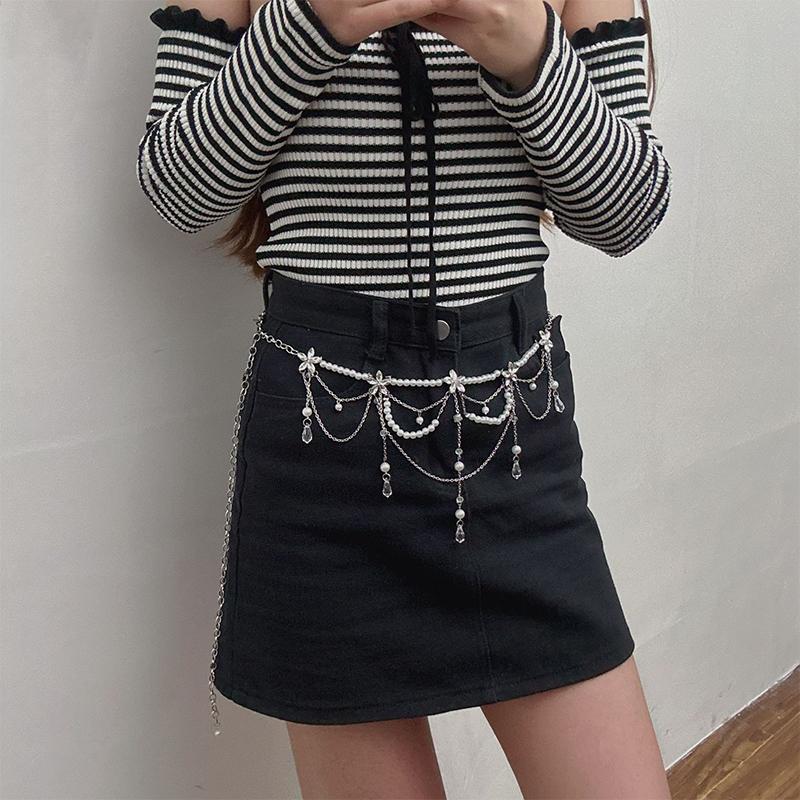 Temperamentní perlový střapec nastavitelný pasový řetízek vícevrstvý pasový řetízek pro ženy dívky elegantní univerzální střapcový pásek