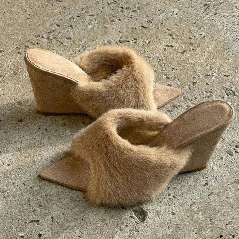New Products In Early Autumn~ Temperament Pointed Open-toed Fluffy Slippers Women's 2025 New French Casual Fashion Wedge Slippers