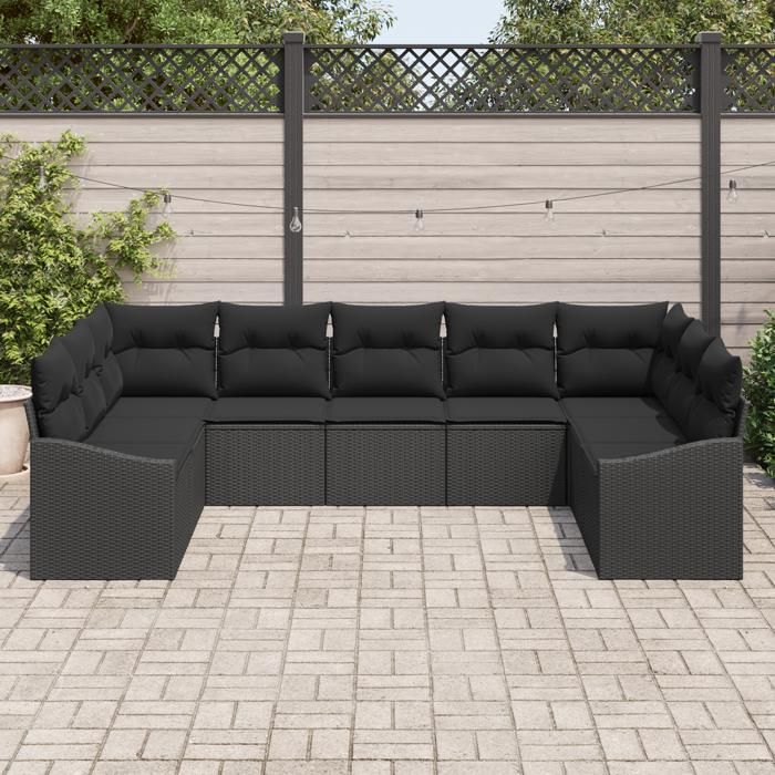 VidaXL Ensemble de salle à manger de jardin 9 pièces avec coussins en poly rattan noir 3355552