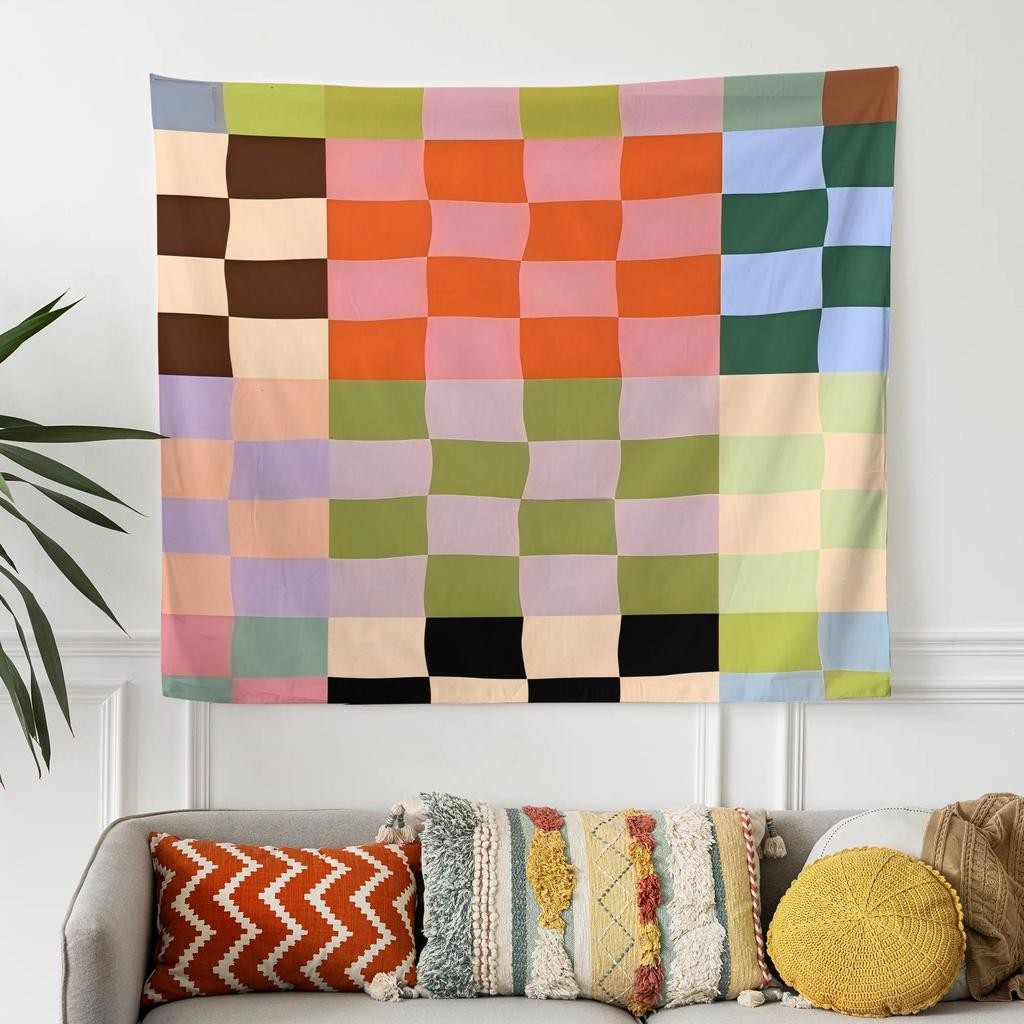 Vibrant Checkered Geometric Abstract Pattern Tapestry Wall Hanging Polyester Fabric Decor for Living Room Bedroom Bohemian Style