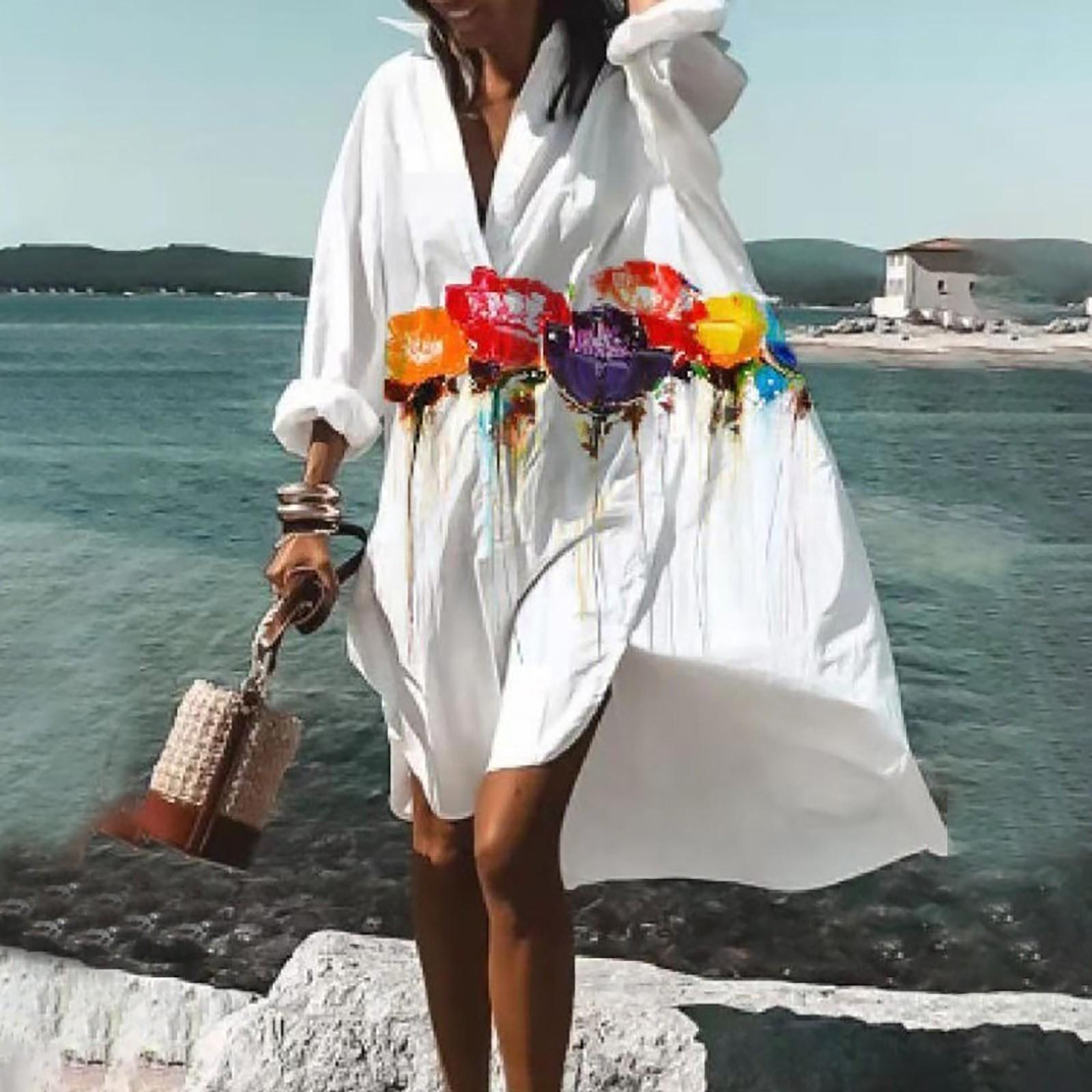 

Women Summer Bohemian Dress Casual Print Shirt Dress For Women Fashion Long Sleeve Beach Hawaiian Cover Ups Dresses Clubwear Button Down M оранжевый