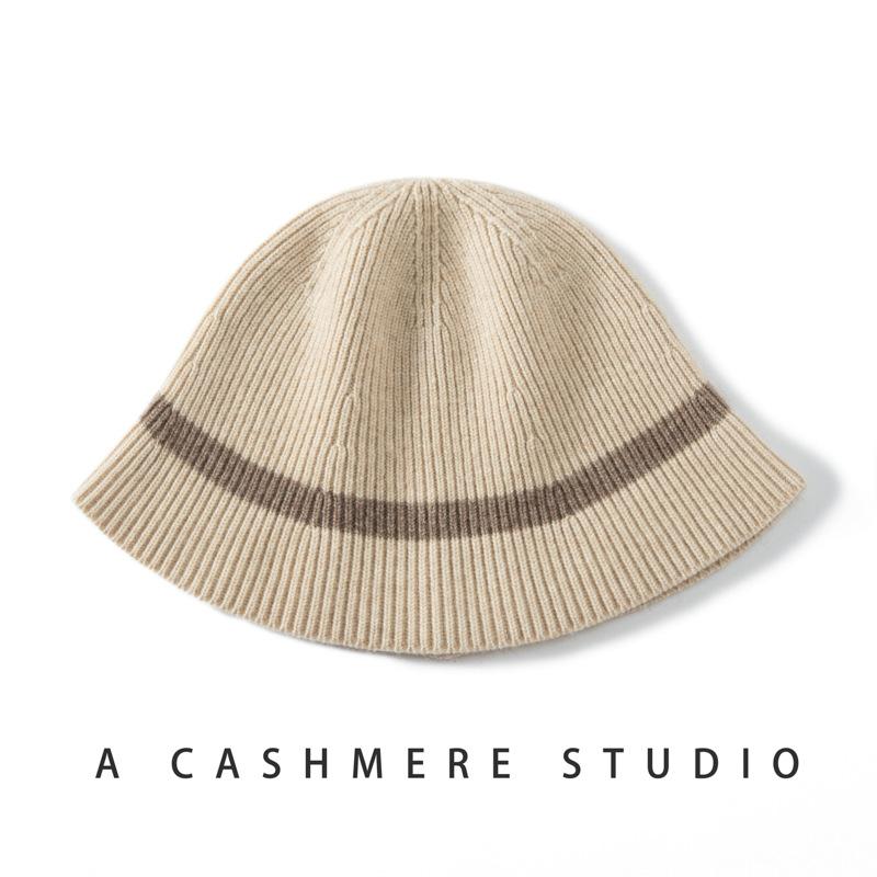 New Autumn and Winter Fashion Cashmere Knitted Bucket Hat Women's Thin Simple Retro Striped Warm Basin Hat
