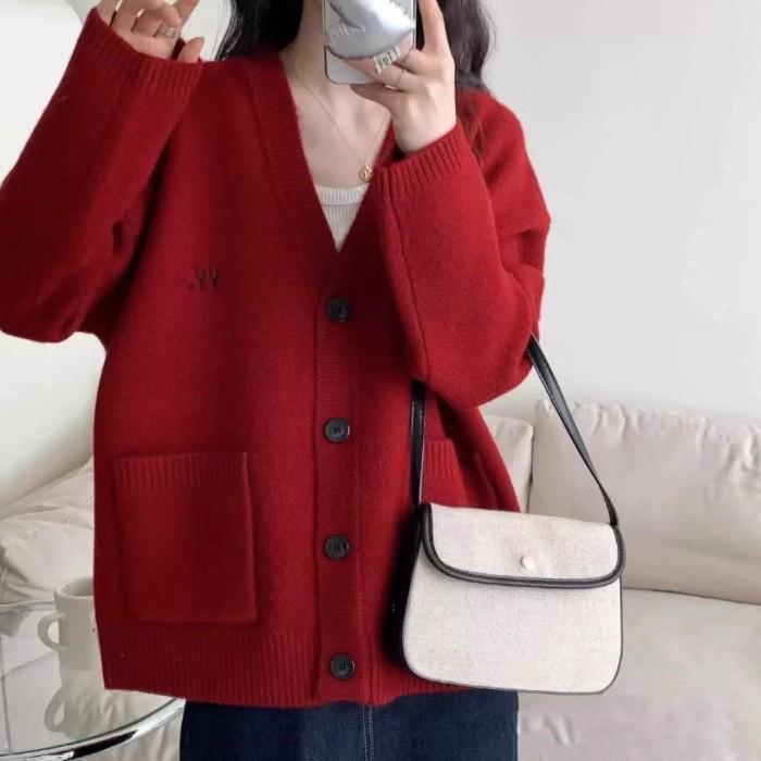 Women's Retro Embroidered V-neck Knit Cardigan - Korean Style Autumn/Winter Casual Loose Fit Sweater