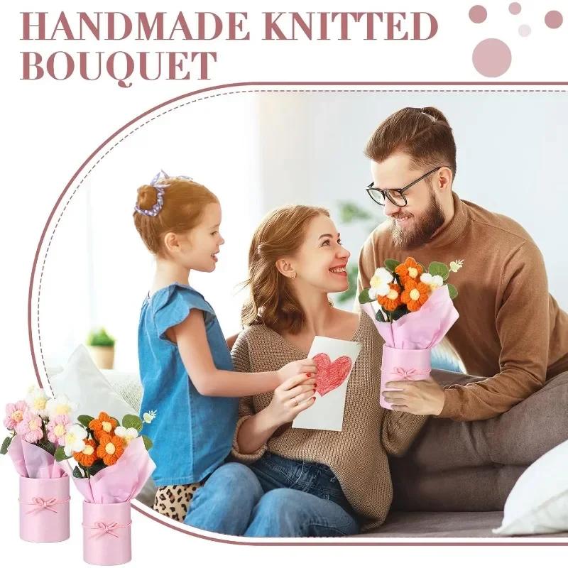 1-10PCS Knitted Flower Bouquet Gift Set Stitch Handmade Mother's Day Present Crochet Artificial Flower Bouquet Craft Home Decor