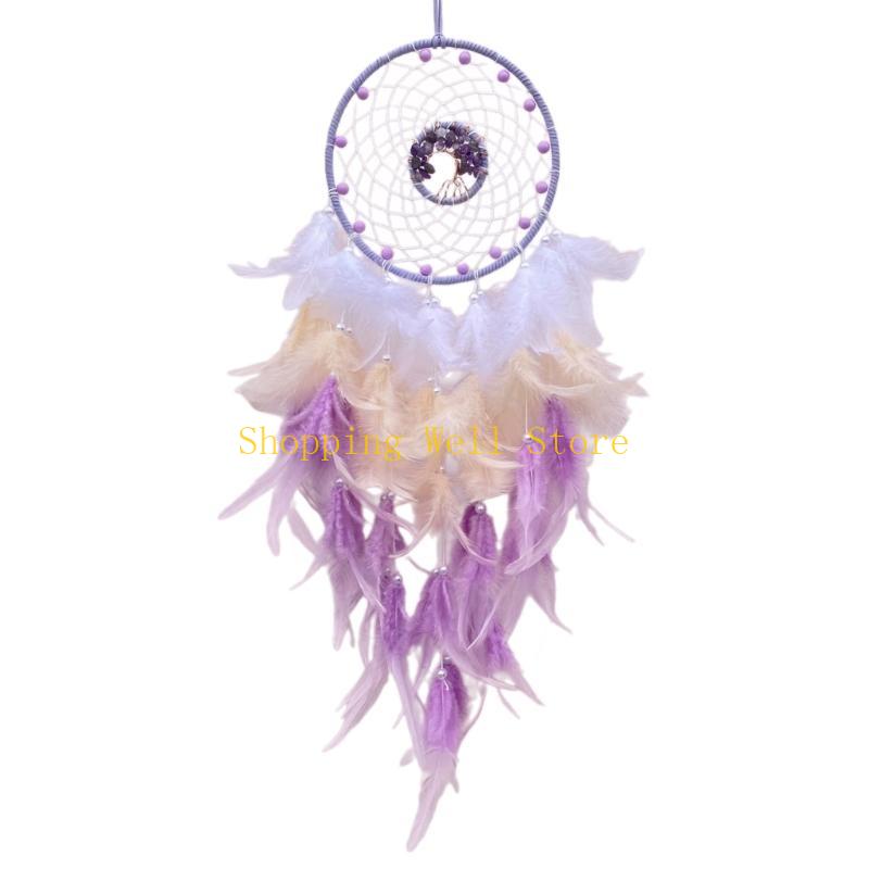 

KX4B Woven Dreamcatchers with Crystal Stone Tree Beads Feathered Decorations Home Decors Wall Hangings Dreamcatchers Ornament