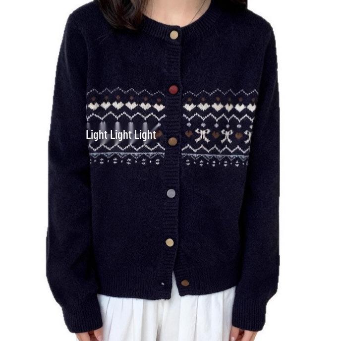 Korean Style Bow Heart Jacquard Knit Cardigan for Women - Spring/Autumn