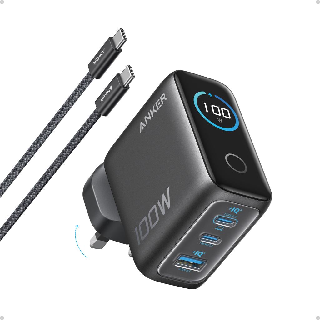 Anker 100W Max USB C Charger, 3-Port GaN and Ultra-Compact Wall Adapter, Smart Display, Touch Control, for MacBook, iPad, iPhone