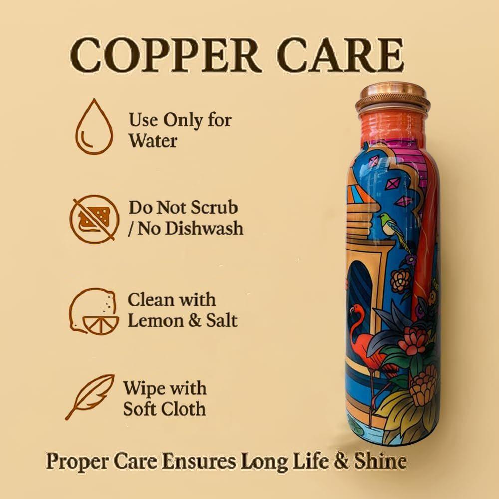 Embracing Rainy Delight Meena Print Copper Water Bottle Set | Handcrafted Tamba Bottle with 2 Glasses | Premium Copper Water Bottle