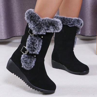 Fashion Women's Wedge Heeled Snow Boots Fashion Buckle Design Faux Fur Mid Calf Boots Woman Comfortable Thicken Warm Plush Winter Boots