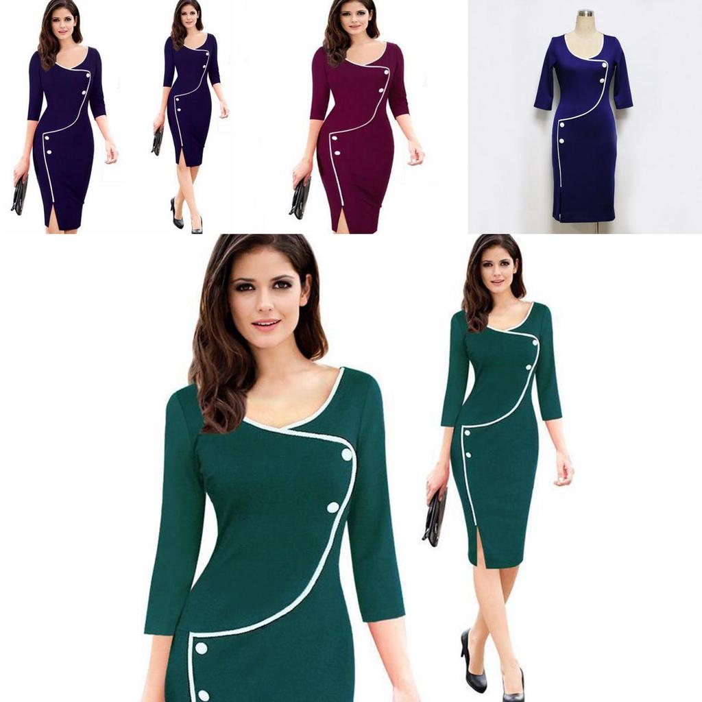 Elegant Womens Vintage Brief Split Bottom Dress With Timeless Deep O-neck Design
