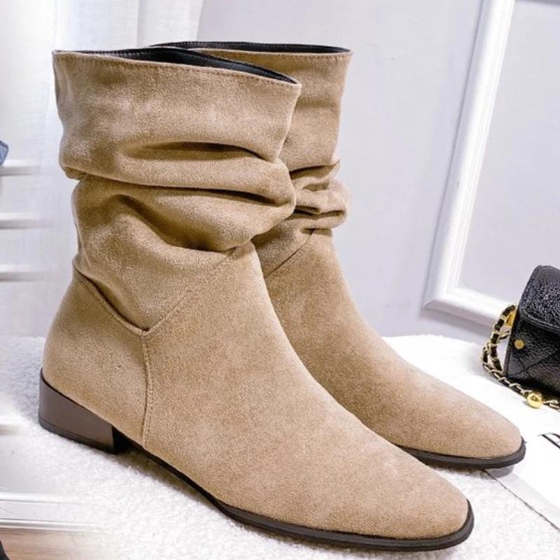 Fashion 2024 Women's Natural Suede Western Boots Thick Pointed Short Boots Vintage Pleated Fashion Boots Women's Autumn