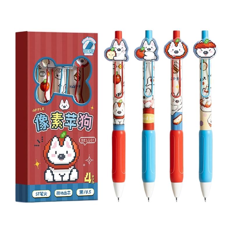 5PCS Cartoon Gel Inks Pen Retractable Gel Pen with Metal Clip Ergonomic Grip 0.5MM Tip Black Inks for Office School