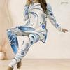 Women Plus Size Two Piece Set Round Neck Long Sleeve Printed Longline Top Fitted Pants White Blue
